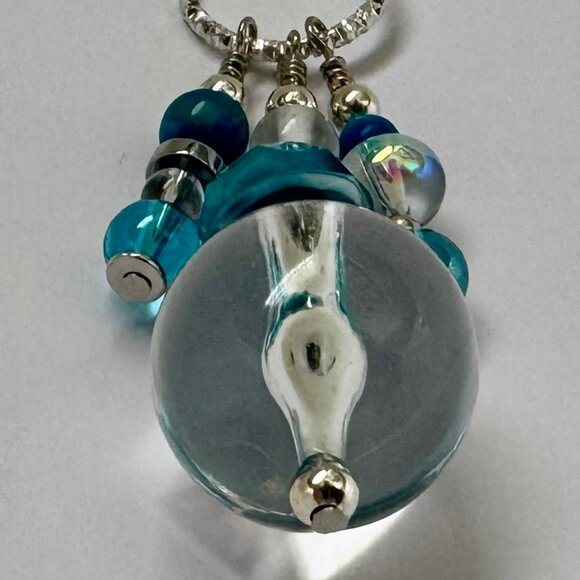 Necklace handmade 3 tier dangle silver turquoise clear crystal beads OOAK - Picture 6 of 7